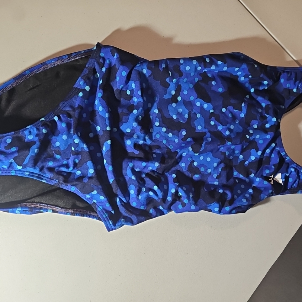 TYR Women's 32 Med (8) One Piece Swimsuit DIAMONDFIT Racerback Blue Black Dots